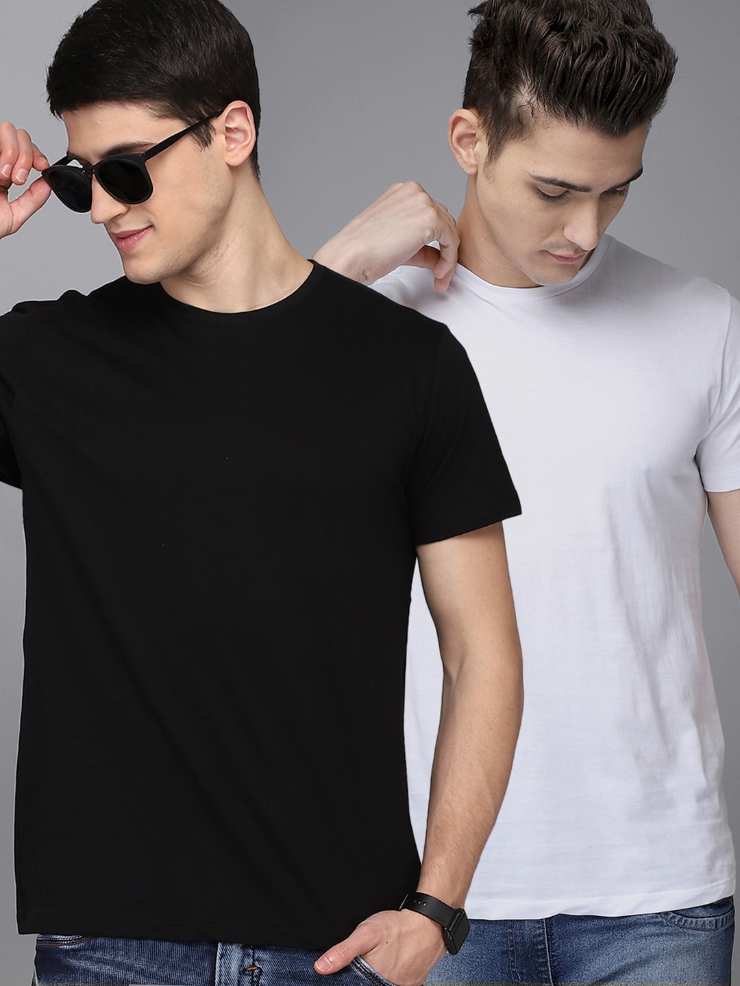 

Free Authority Men Pack Of 2 Black & White Solid Pure Cotton T-shirt