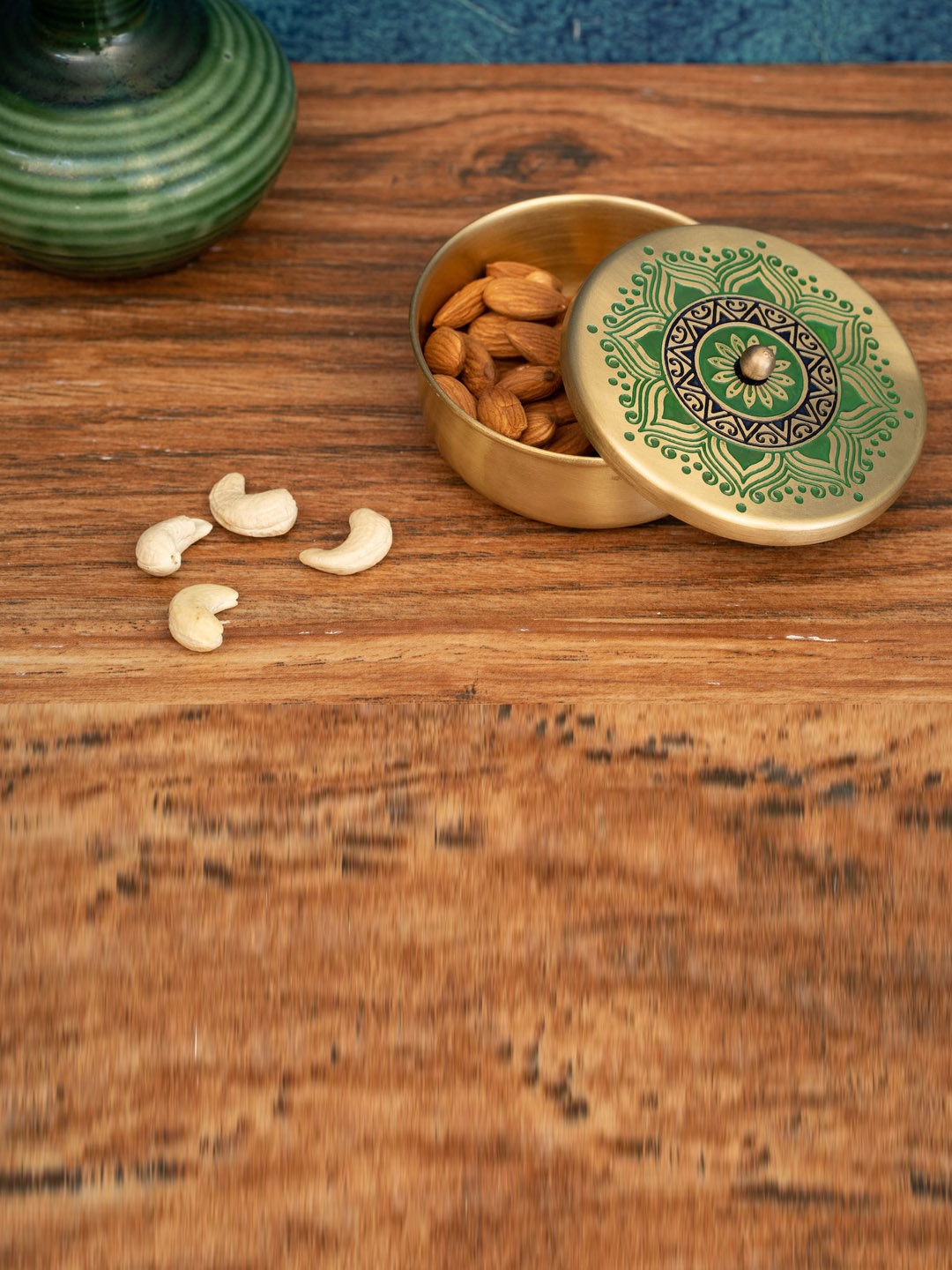 

nakshikathaa Gold-Toned & Green Handpainted Brass Nut Bowl