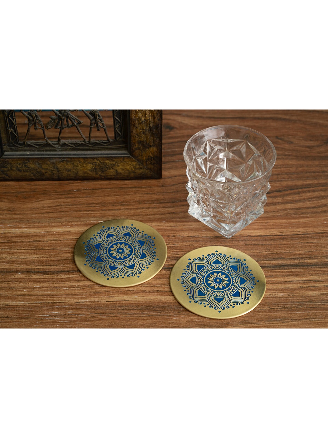 

nakshikathaa Set of 2 Blue & Gold-Toned Hand Painted Brass Coaster Serveware