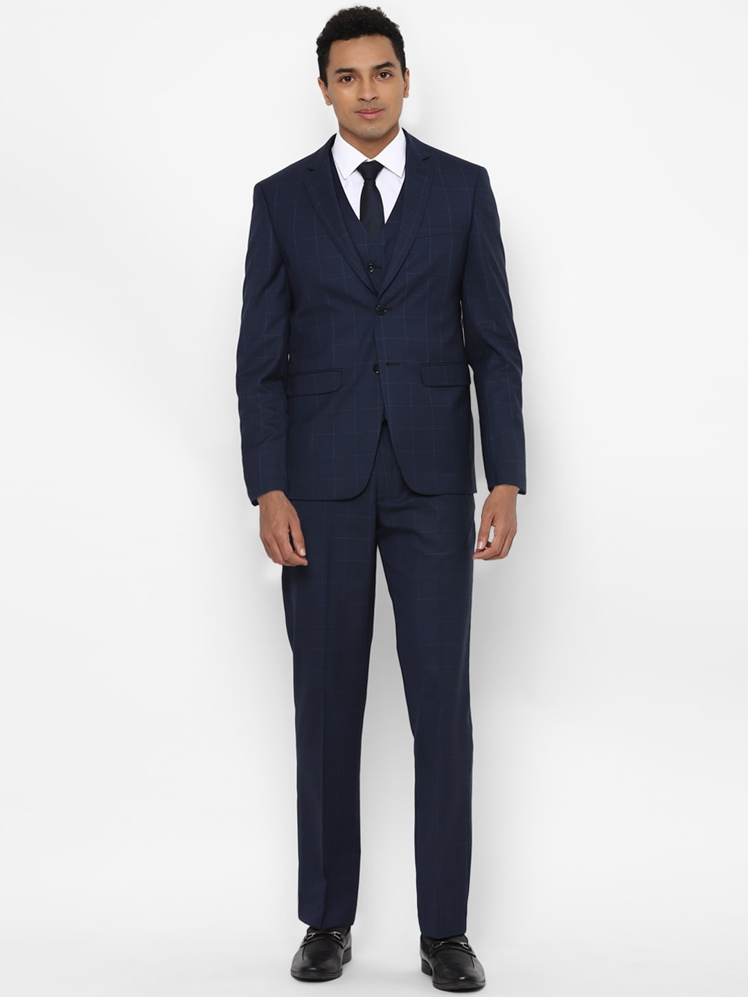 

Allen Solly Men Navy Blue Checked Slim-Fit Single-Breasted Formal Three Piece Suit