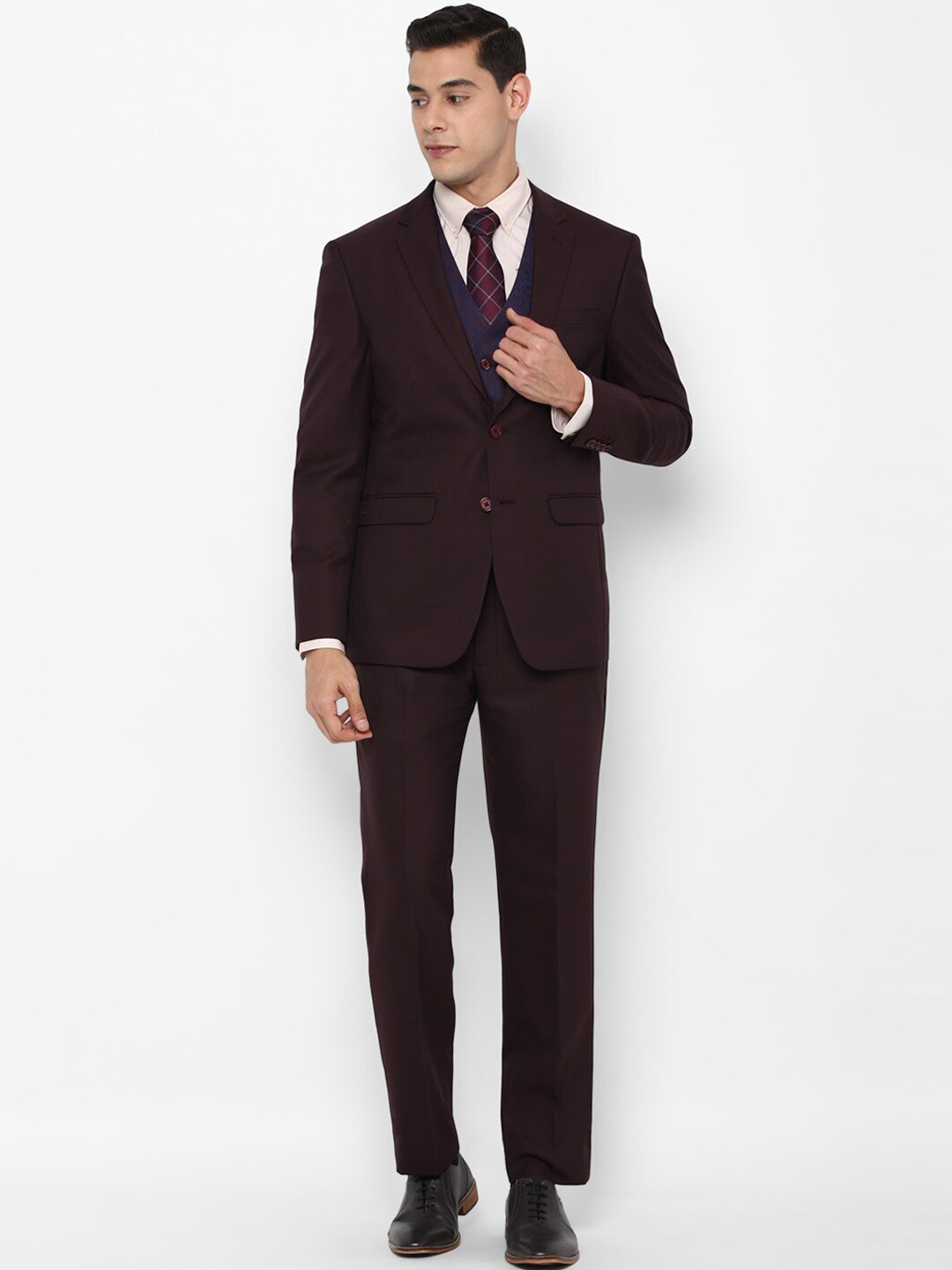 

Allen Solly Men Maroon Self-Design Slim Fit Three Piece Formal Suit