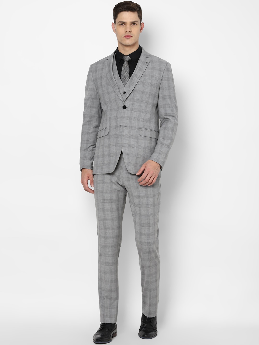 

Louis Philippe Men Grey Checked Single-Breasted Slim-Fit 3-Piece Suit