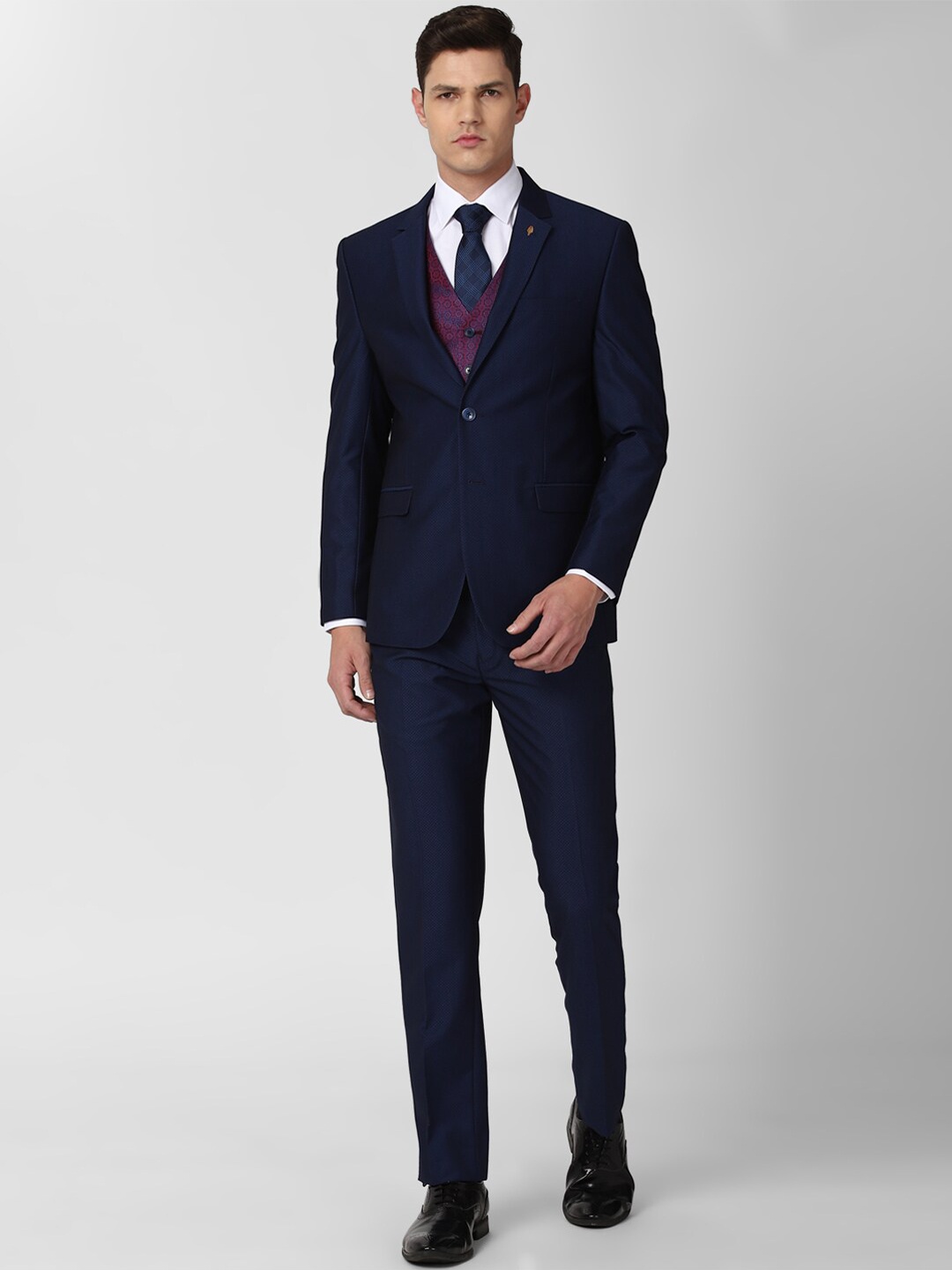 

Van Heusen Men Navy Blue Self-Design Single-Breasted Slim-Fit 3-Piece Formal Suit