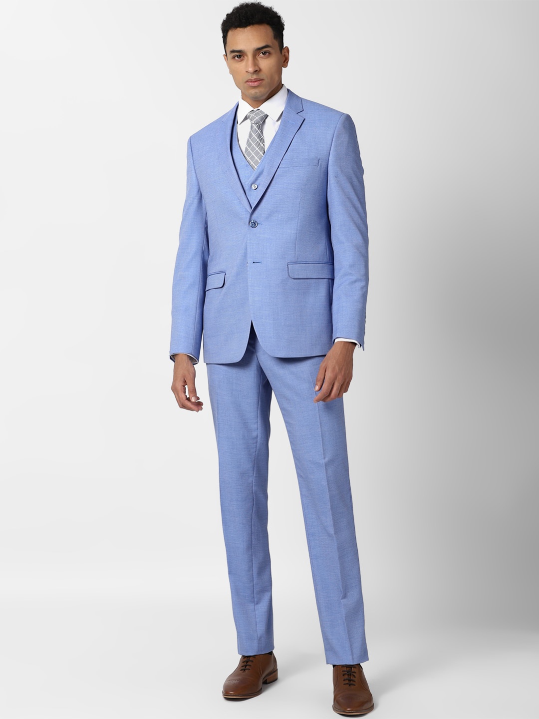 

Van Heusen Men Blue Solid Single-Breasted Slim-Fit Three-Piece Suit