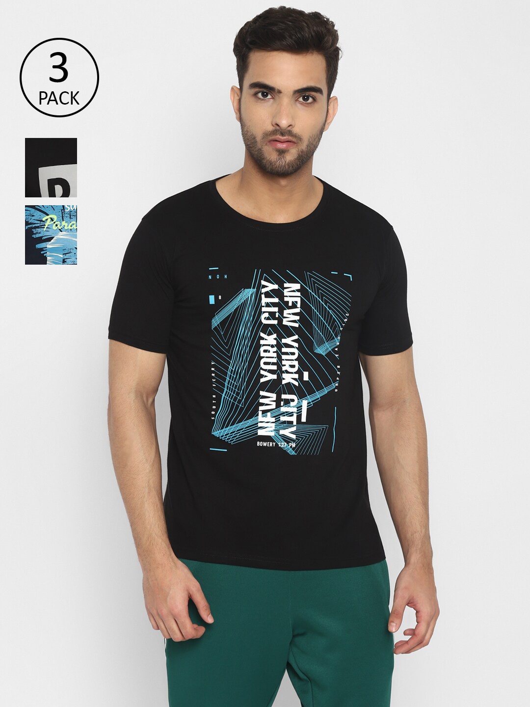 

appulse Men Navy Blue & Black Set of 3 Typography Printed Cotton Running T-shirt