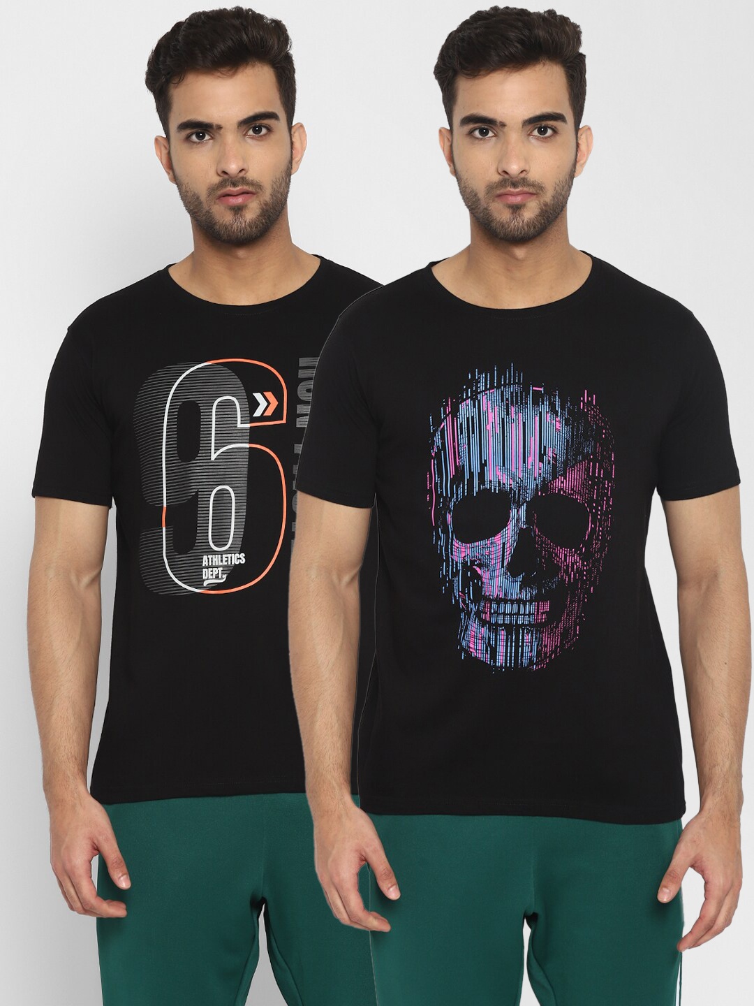 

appulse Men Pack Of 2 Black Printed Cotton T-shirt