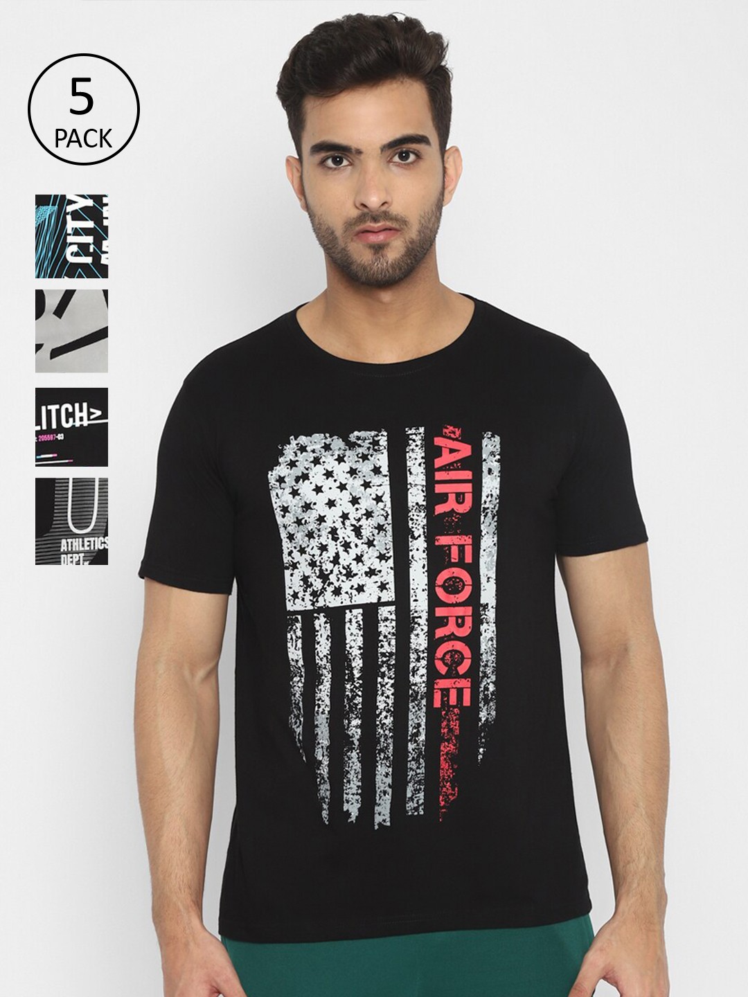 

appulse Men Pack of 5 Black Printed Running T-shirt