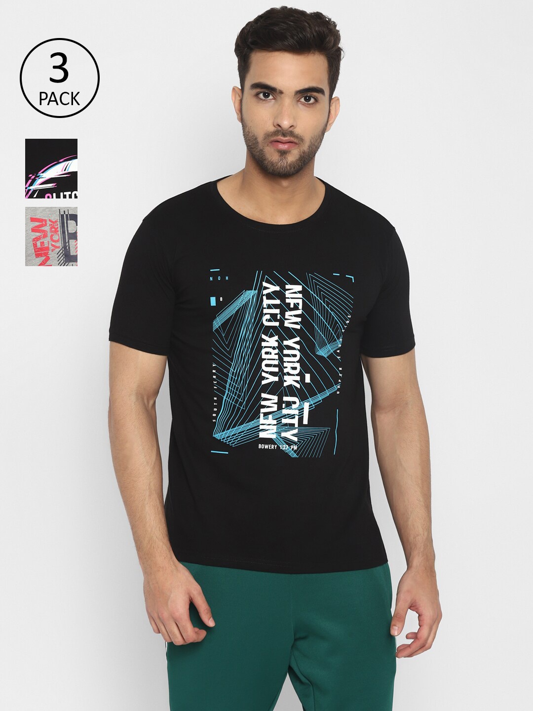 

appulse Men Pack of 3 Typography Printed Cotton T-shirt, Black
