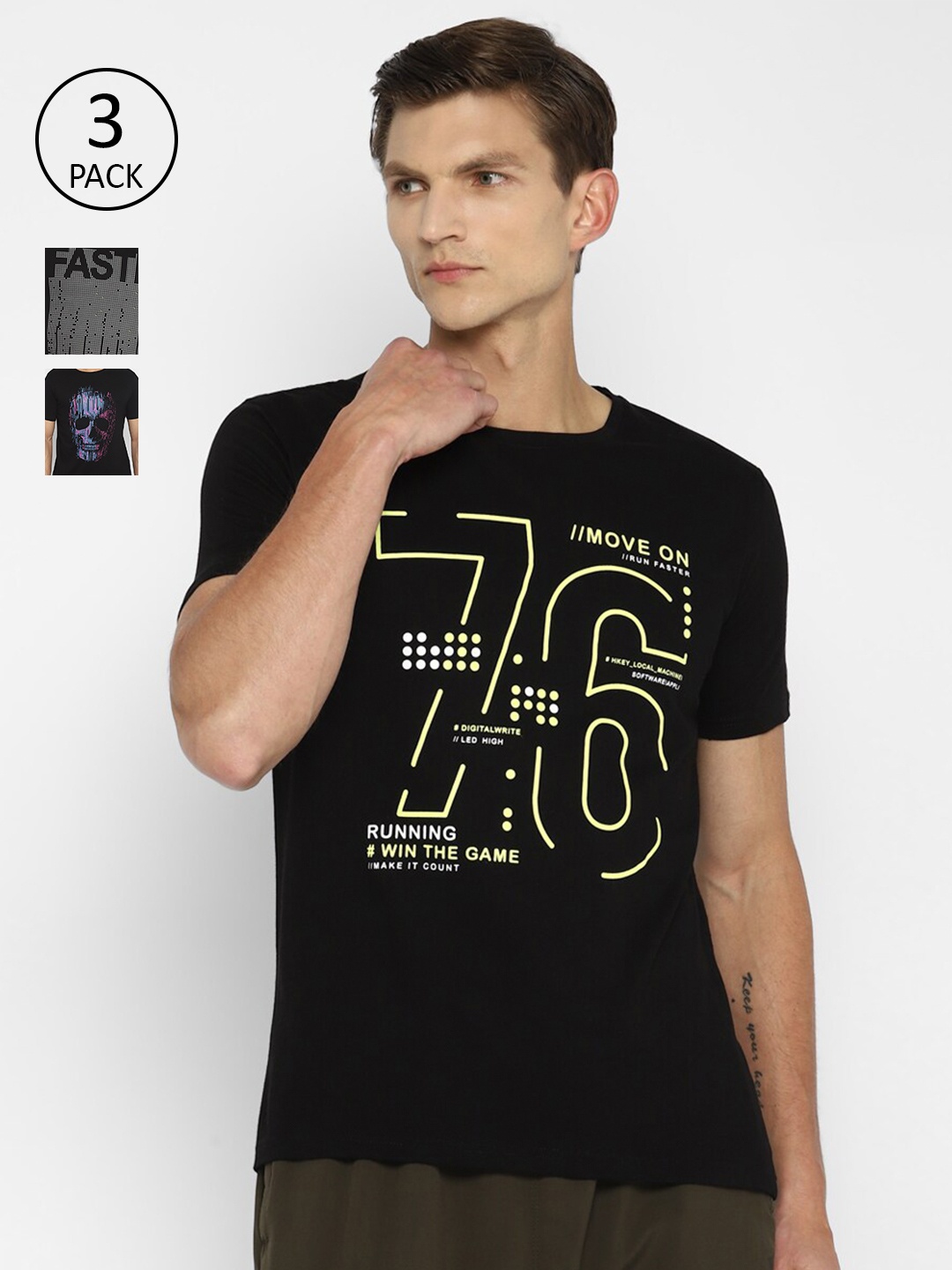 appulse Men Black Typography Printed Running T-shirt Set Of 3