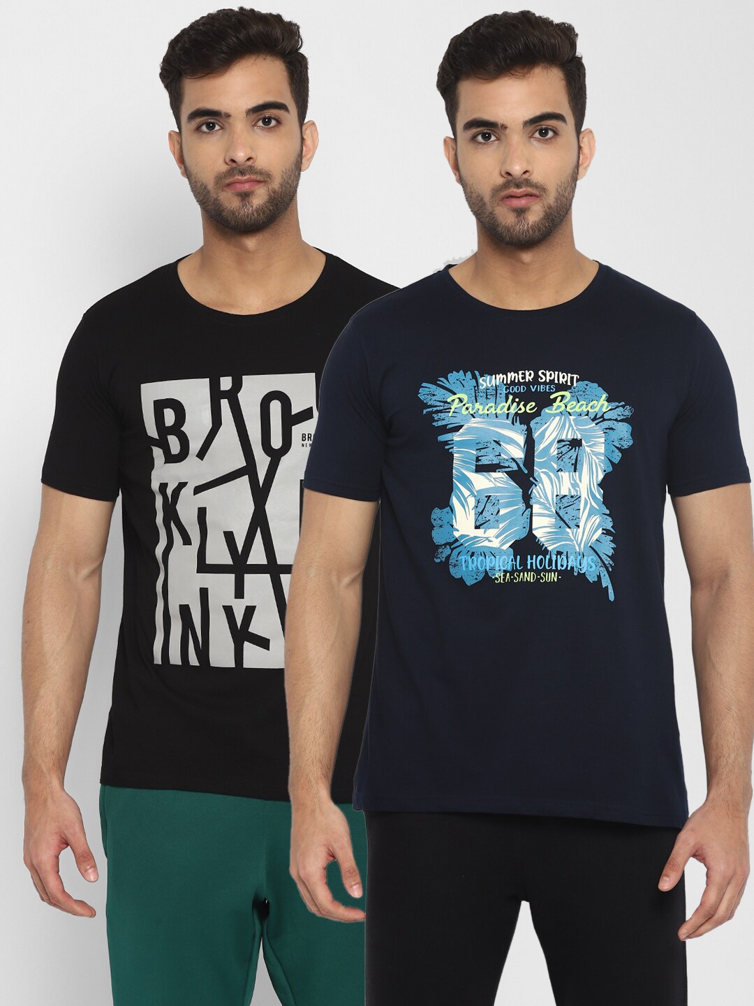 

appulse Men Navy Blue & Black Set of 2 Typography Printed Cotton Running T-shirt