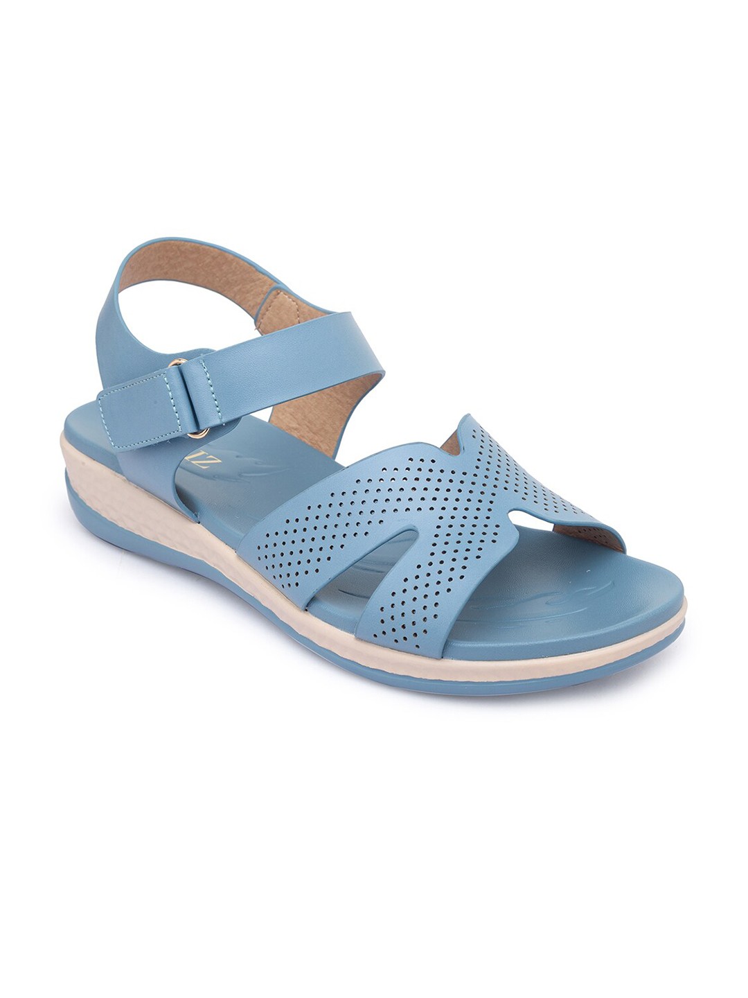 

CERIZ Women Blue Textured Open Toe Flats with Velcro