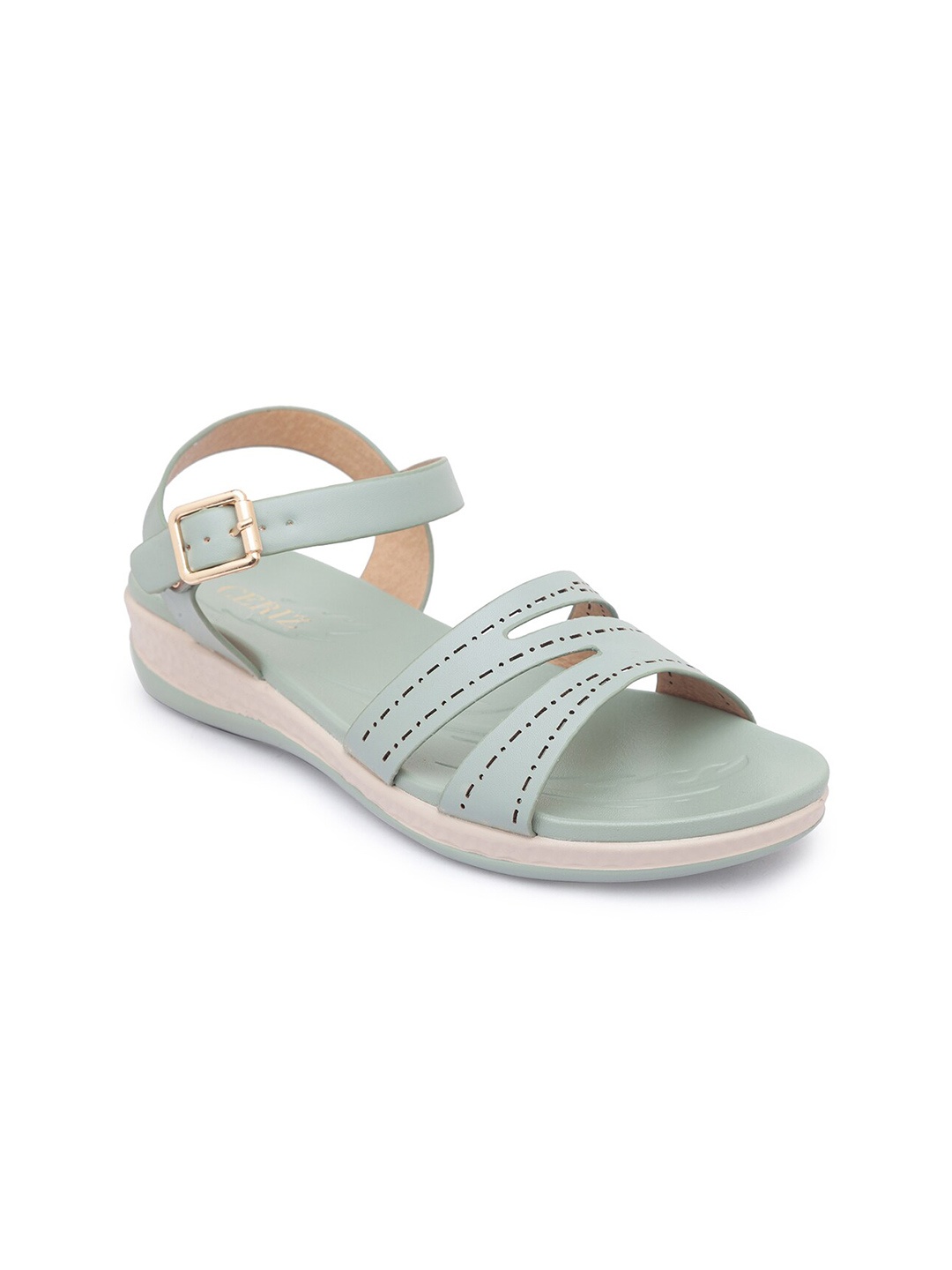

CERIZ Green Textured Platform Heels with Laser Cuts