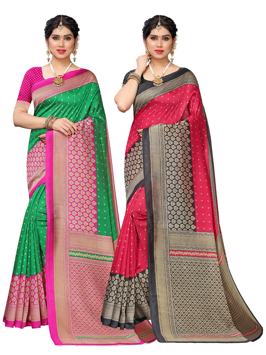 

KALINI Pack of 2 Green & Red Ethnic Motifs Art Silk Saree