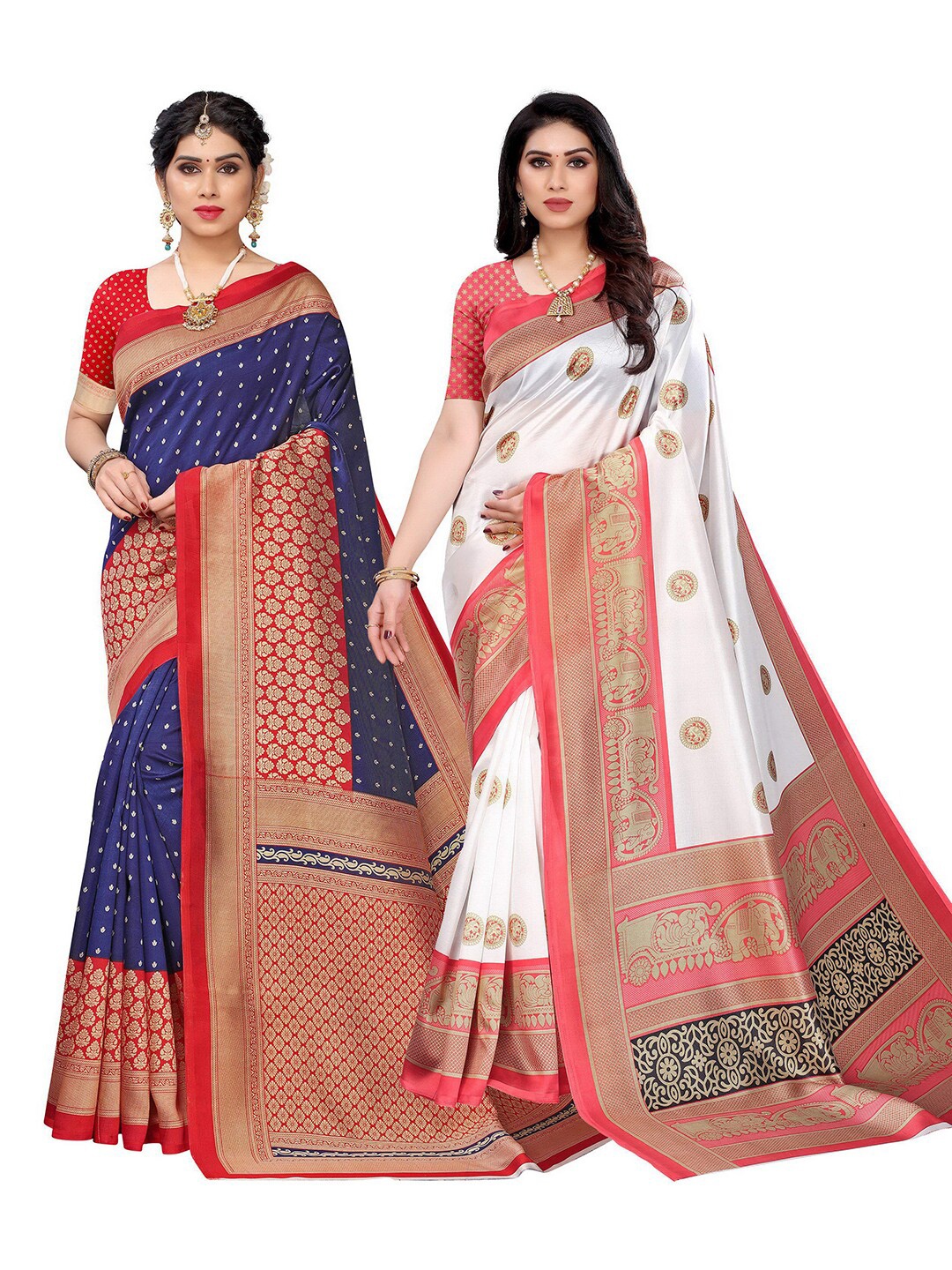 

KALINI Pack Of 2 Navy Blue & White Ethnic Motifs Art Silk Sarees