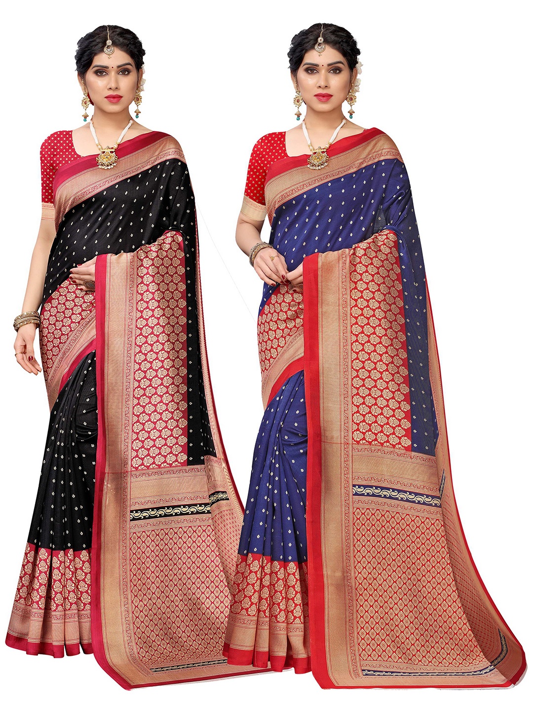 

KALINI Pack Of 2 Black & Navy Blue Ethnic Motifs Art Silk Sarees