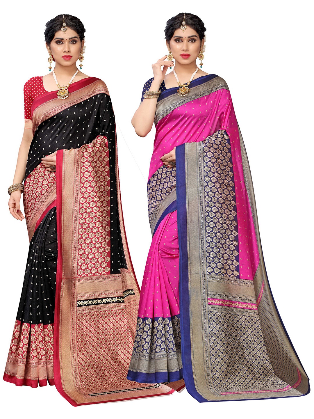 

KALINI Pack of 2 Black & Pink Ethnic Motifs Art Silk Saree