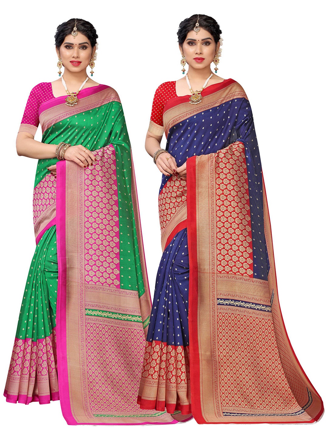 

KALINI Pack Of 2 Green & Navy Blue Ethnic Motifs Printed Art Silk Saree