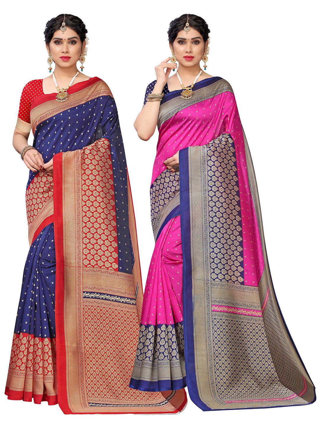 

KALINI Set Of 2 Navy Blue & Pink Ethnic Motifs Zari Art Silk Saree