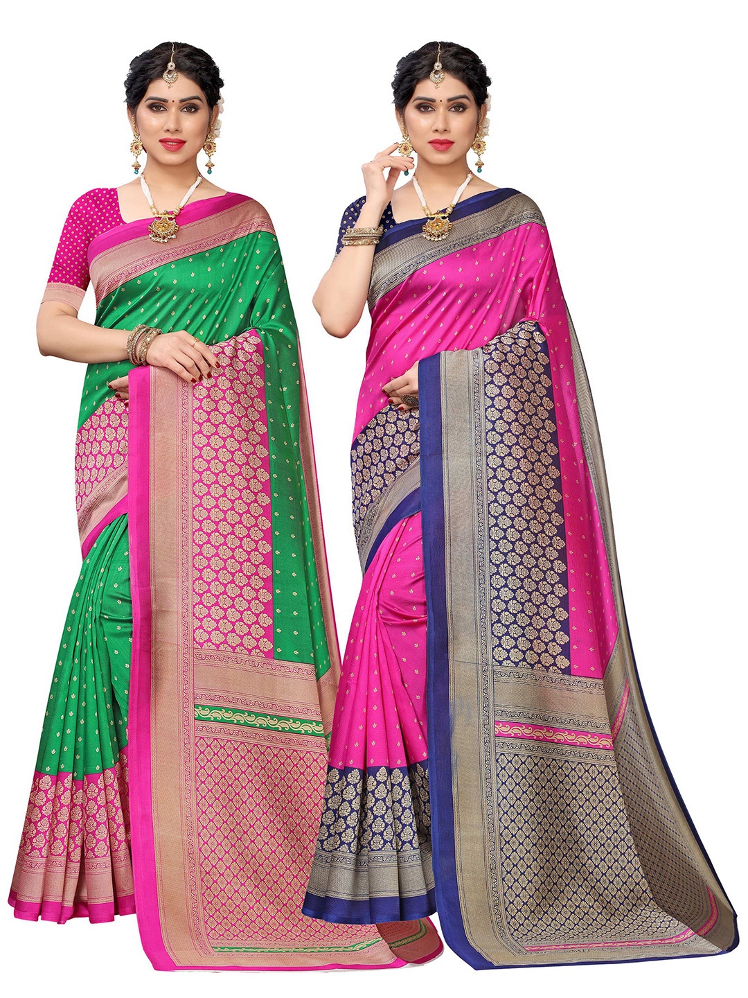 

KALINI Green & Fuchsia Pack Of 2 Ethnic Motifs Printed Art Silk Saree