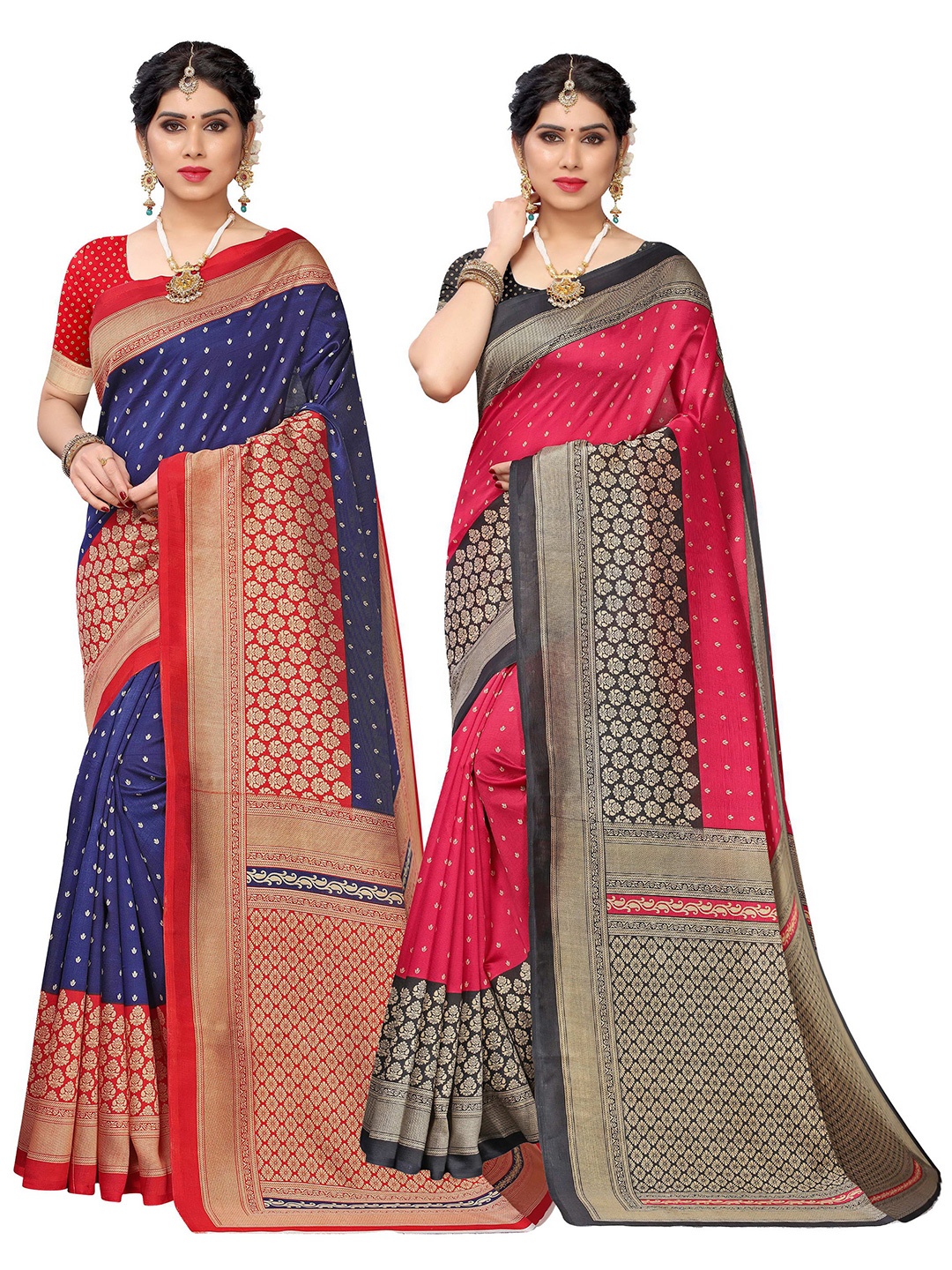 

KALINI Pack Of 2 Navy Blue & Red Ethnic Motifs Printed Sarees