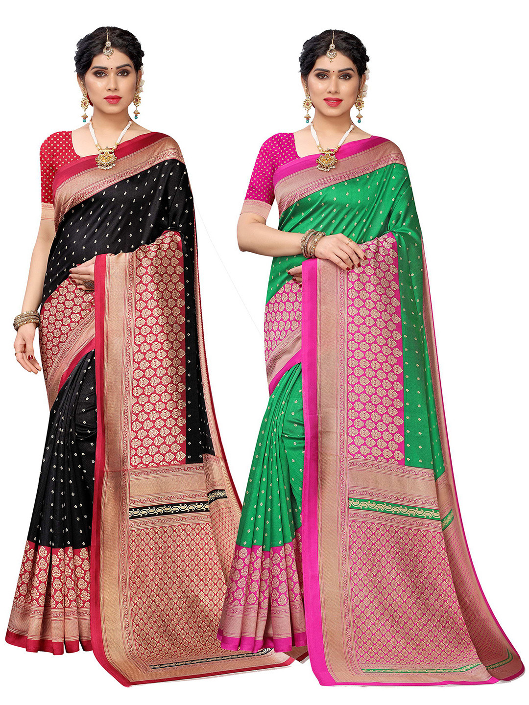 

KALINI Pack Of 2 Black & Green Ethnic Motifs Printed Sarees