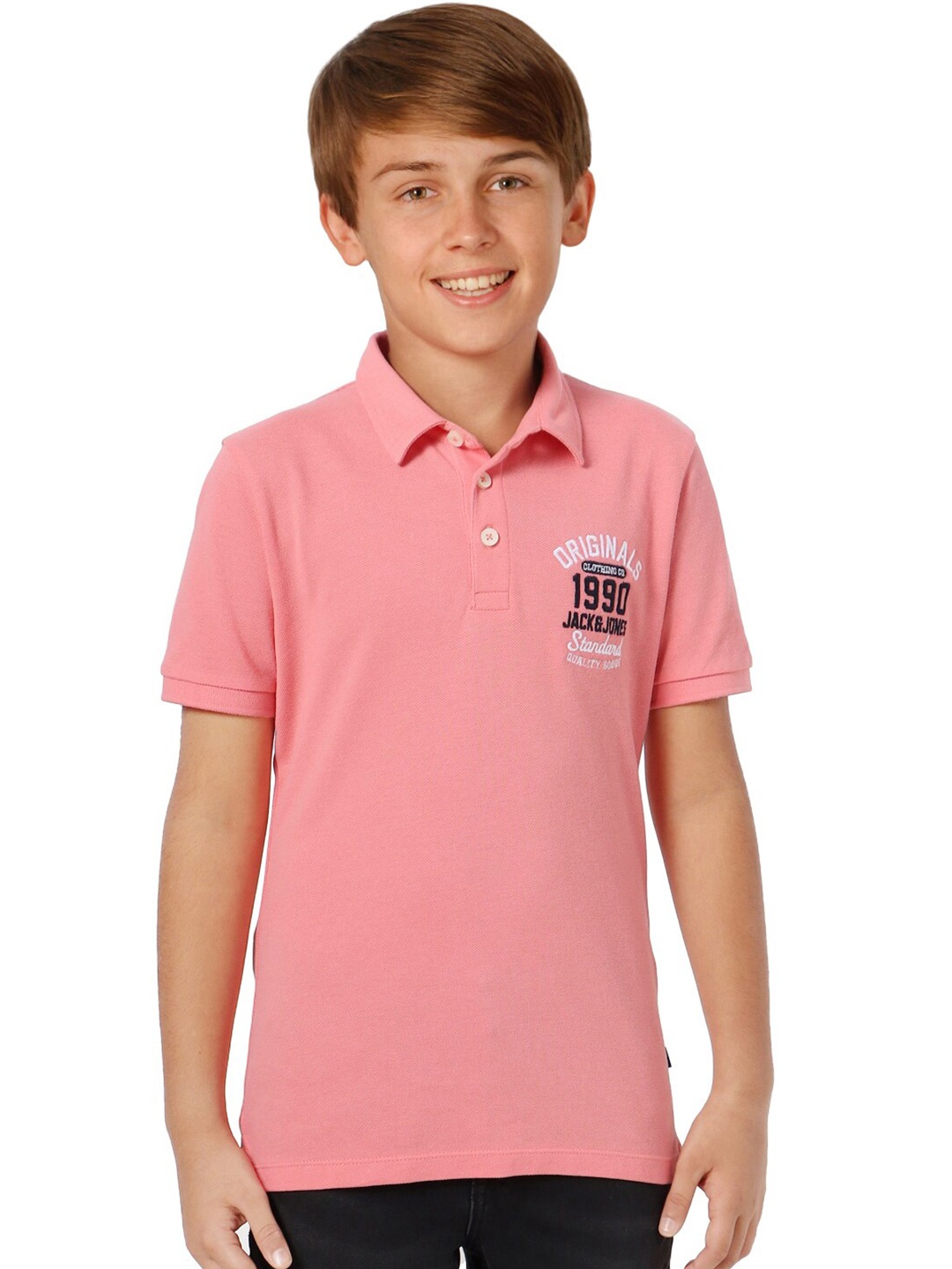 

Jack & Jones Boys Pink Typography Printed Polo Collar Regular Fit Cotton T-shirt