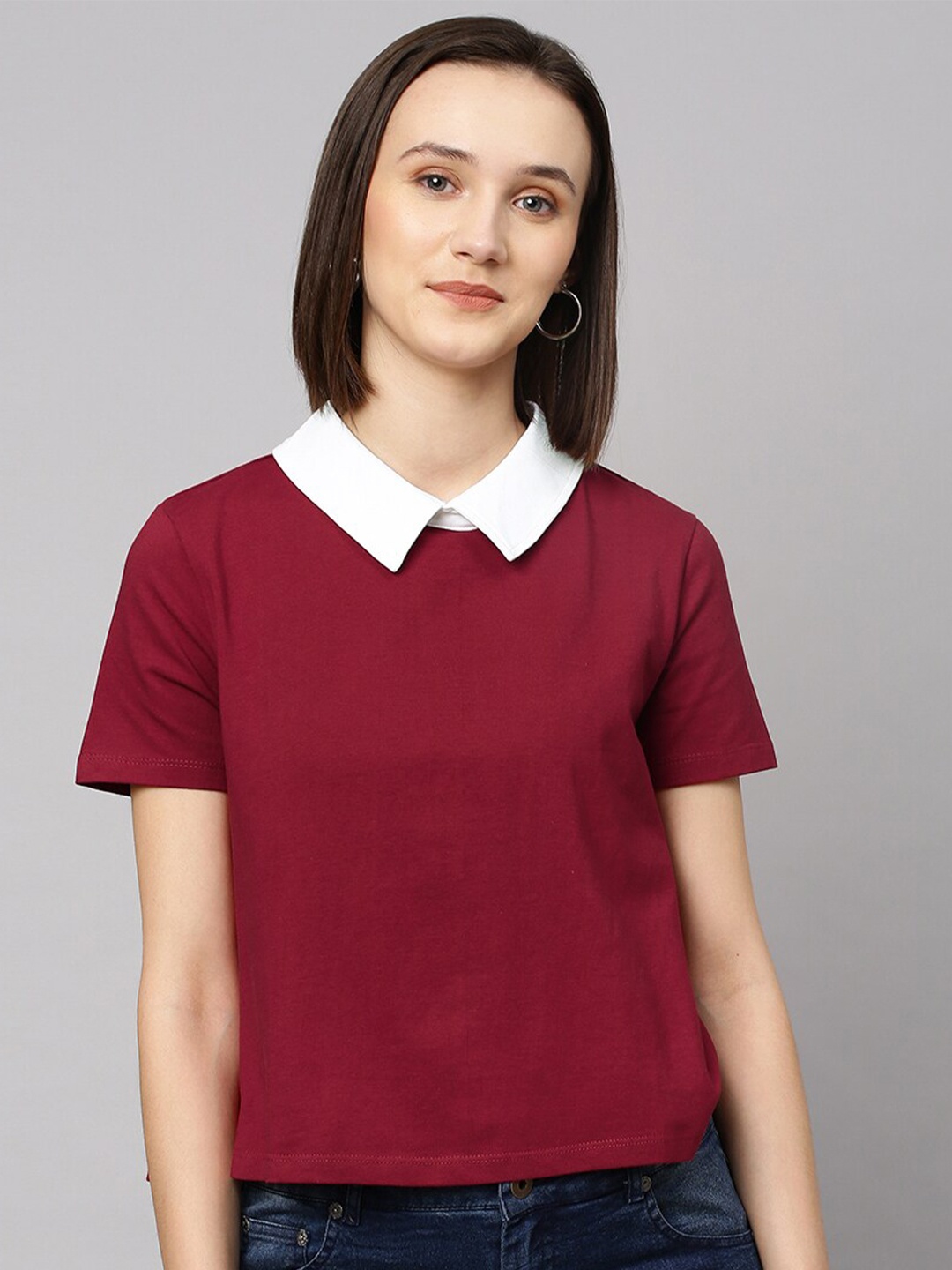 

Chemistry Women Burgundy & White Polo Collar T-shirt