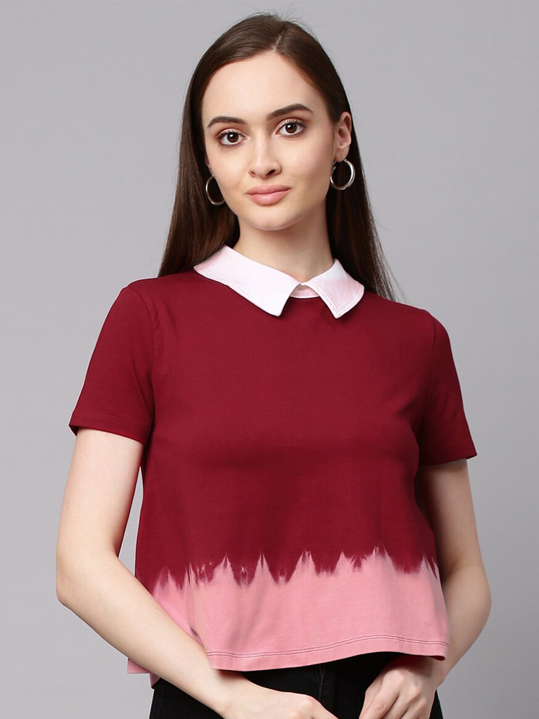 

Chemistry Women Burgundy & Pink Polo Collar Crop T-shirt