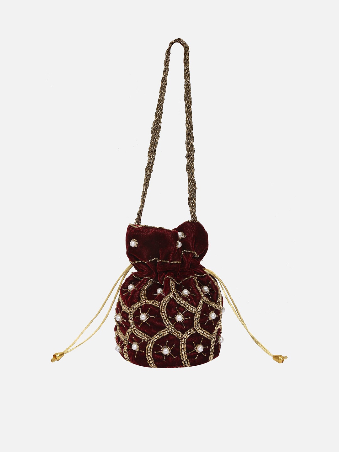 

WELBAWT Burgundy & Gold-Toned Embroidered Velvet Potli Clutch