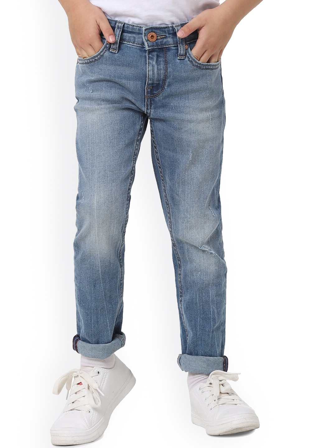 

Jack & Jones Boys Blue Mildly Distressed Heavy Fade Mid-Rise Jeans