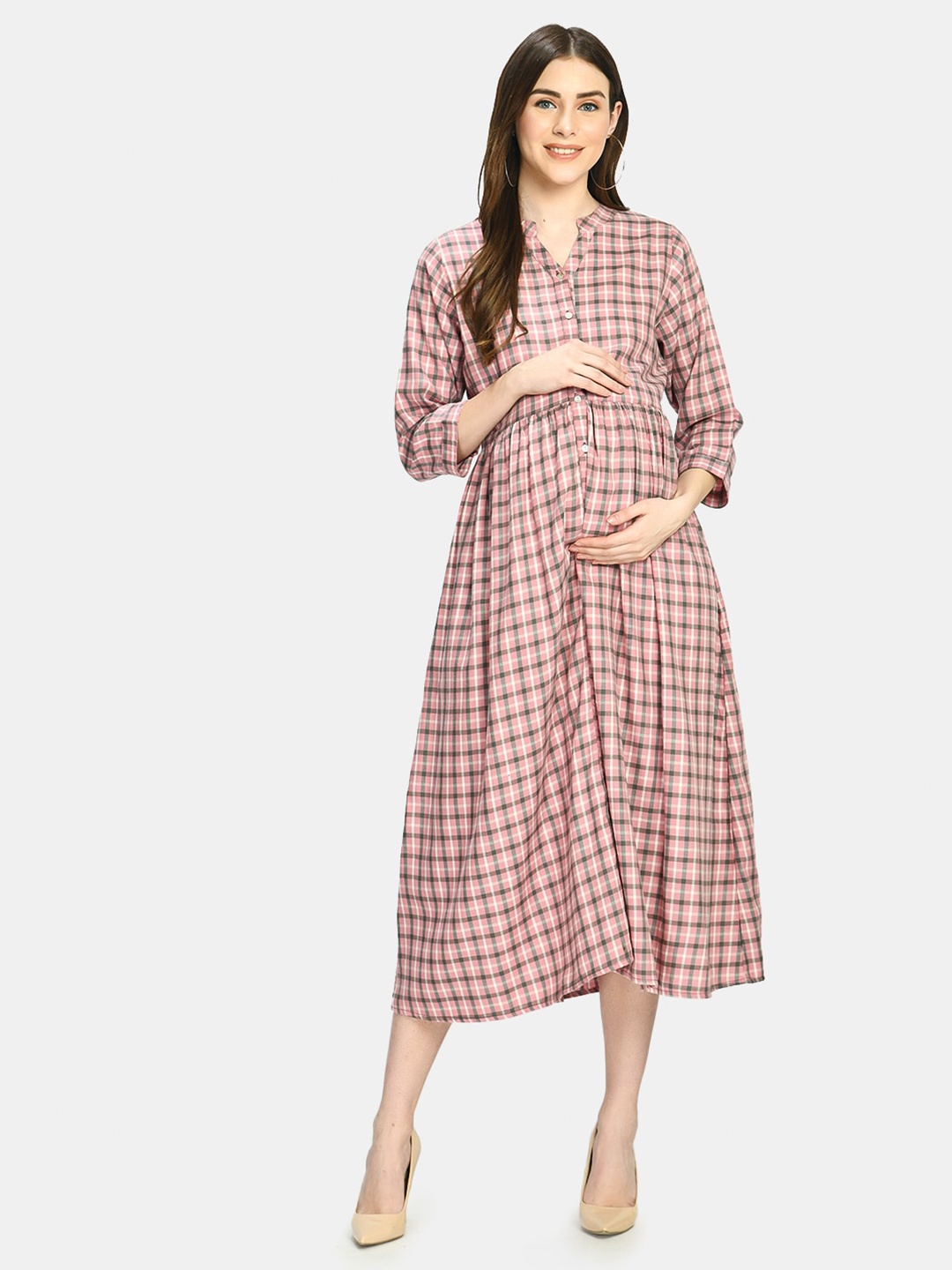 

Aaruvi Ruchi Verma Women Rose & Grey Checked Maternity A-Line Midi Dress