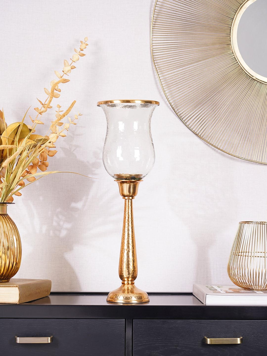 

Pure Home and Living Gold-Toned & Transparent Glass Hurricane Candle Holder