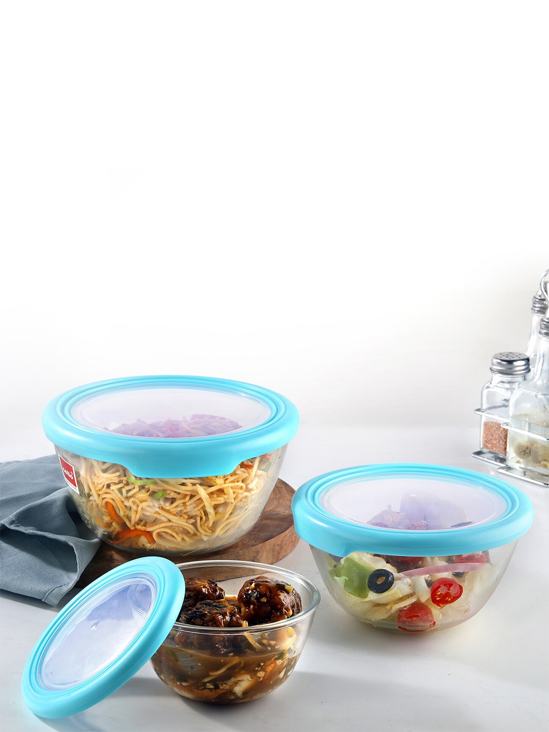 

Cello Transparent & Blue 3 Pieces Ornella with Lid Toughened Glass Mixing Bowls with Lid