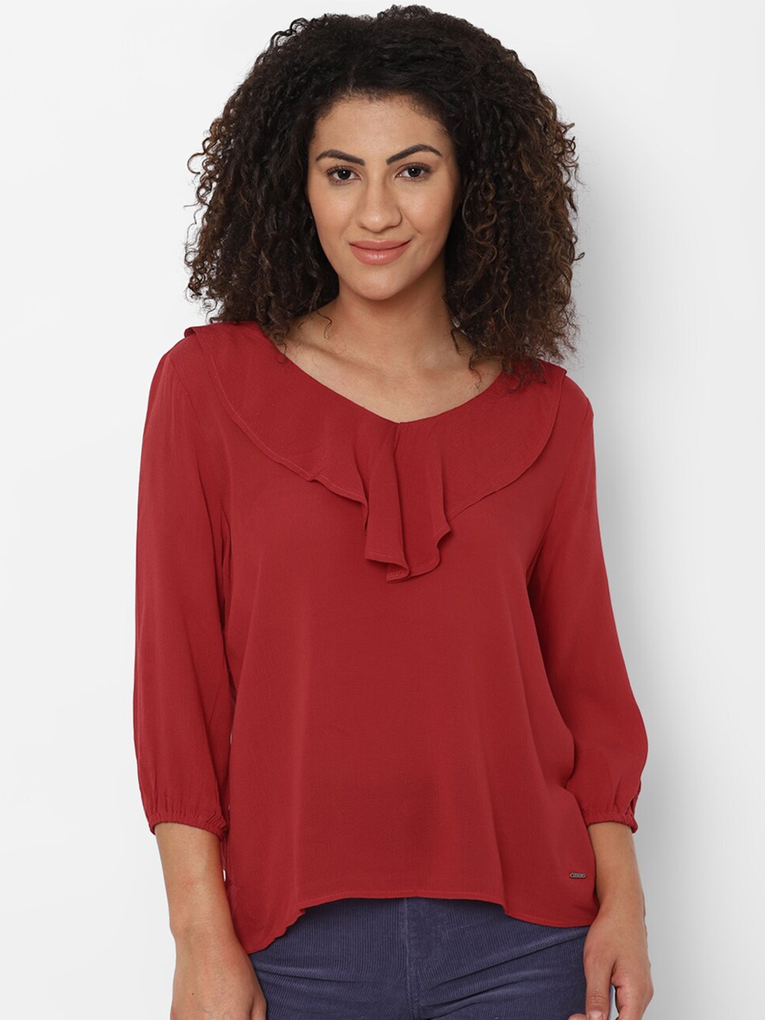 

Allen Solly Woman Maroon Top with Ruffle Detail Around Neck