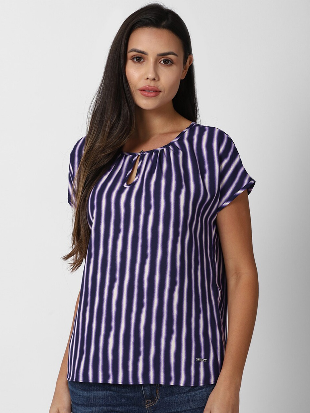 

Van Heusen Woman Purple & White Striped Keyhole Neck Top