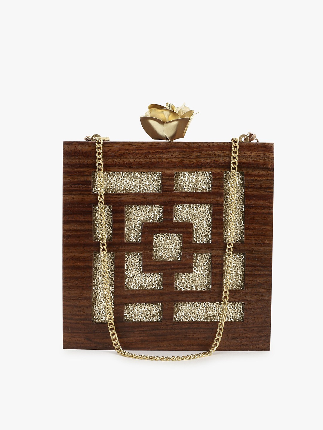 

Anekaant Women Brown & Gold-Toned Textured Buckle Detail Box Clutch