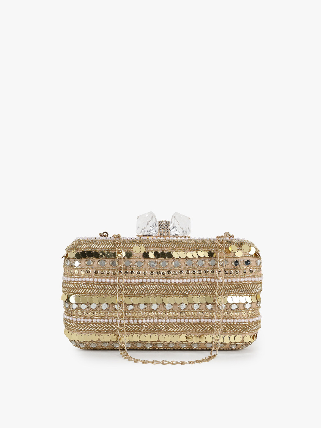 

Anekaant Women Beige & Gold-Toned Striped Embellished Box Clutch