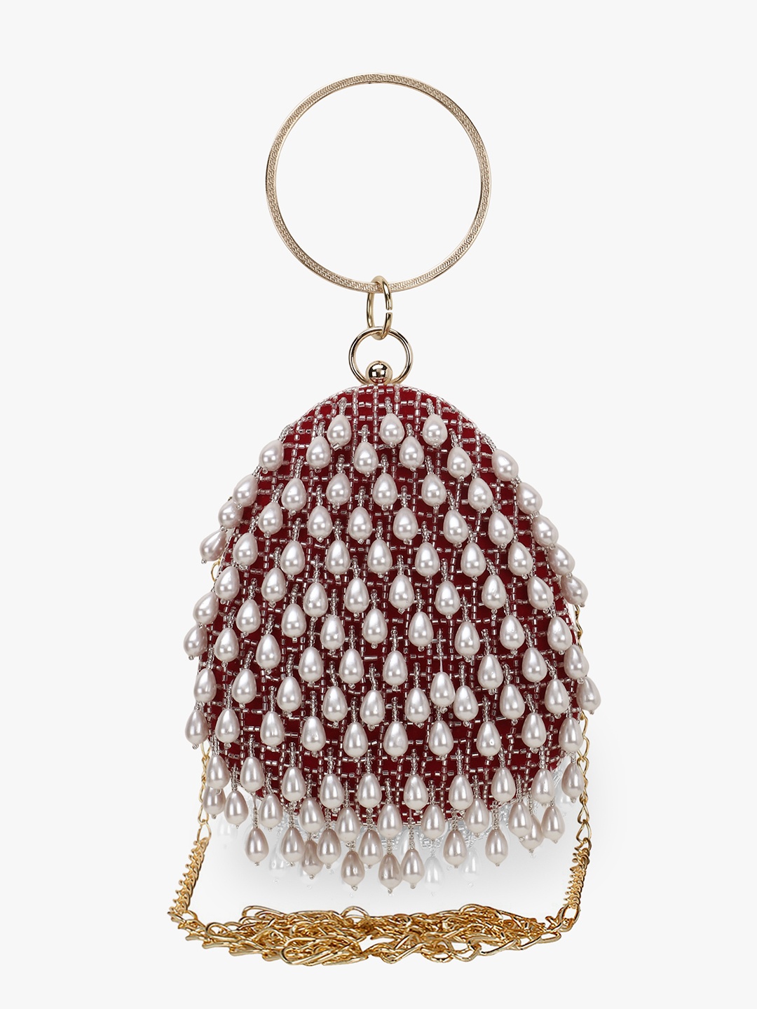 

Anekaant Maroon & White Embellished Tasselled Box Clutch