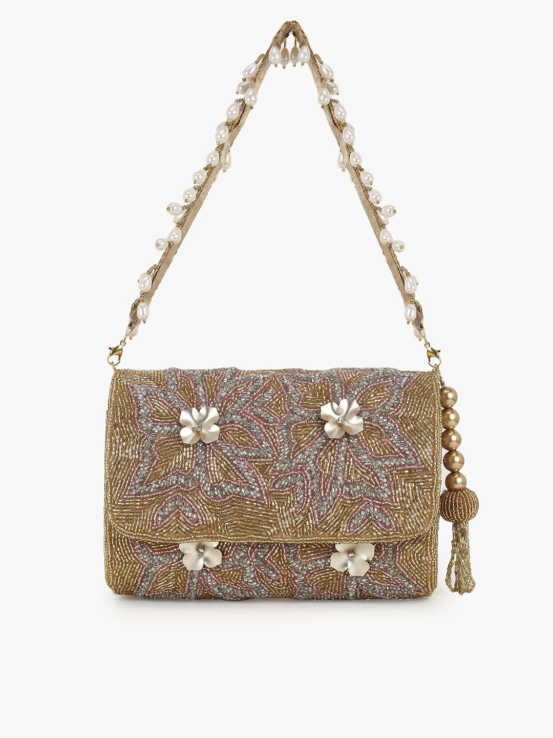 

Anekaant Gold-Toned & Silver-Toned Embellished Tasselled Envelope Clutch