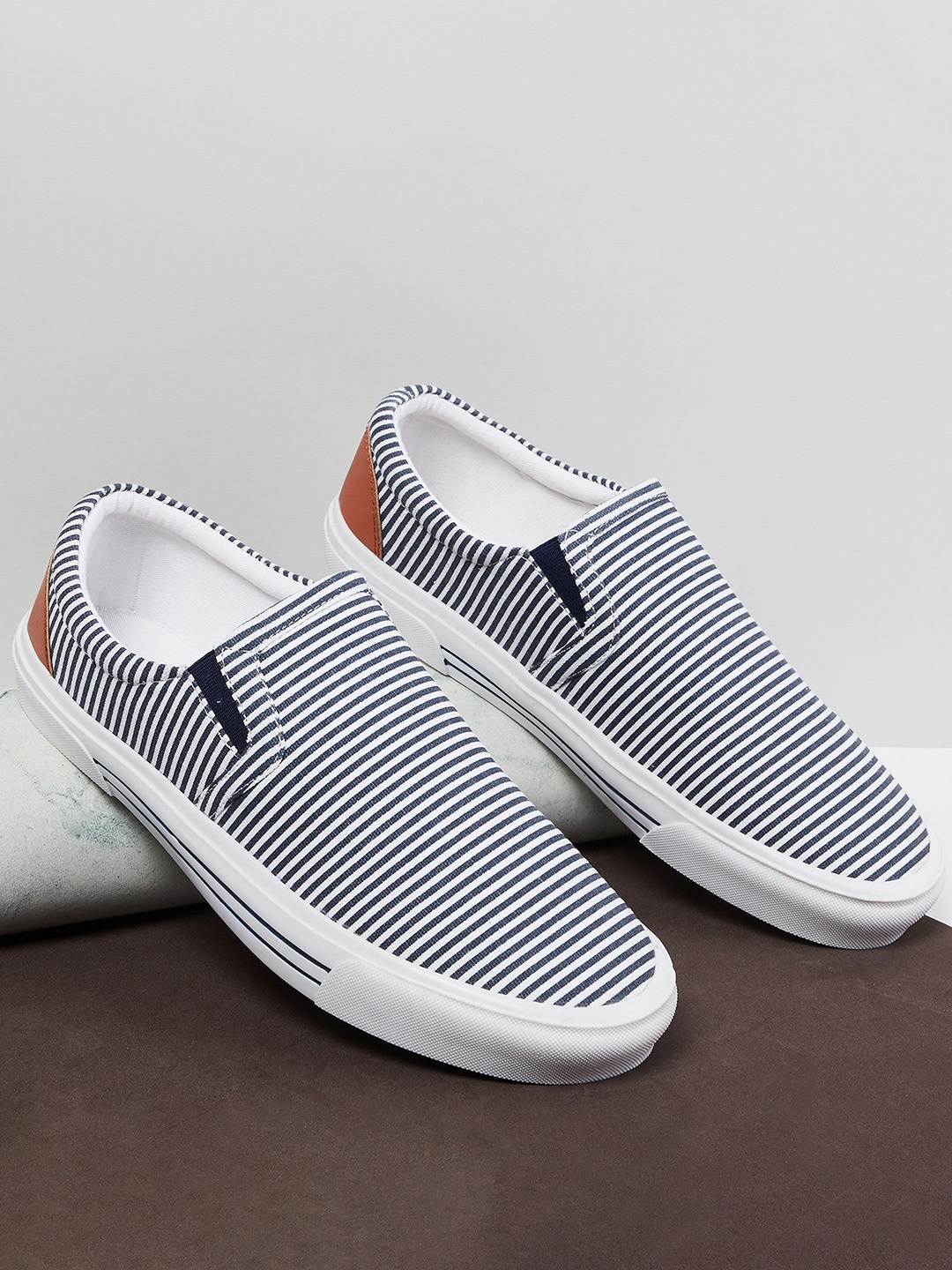 

max Men Navy Blue Striped Slip-On Sneakers