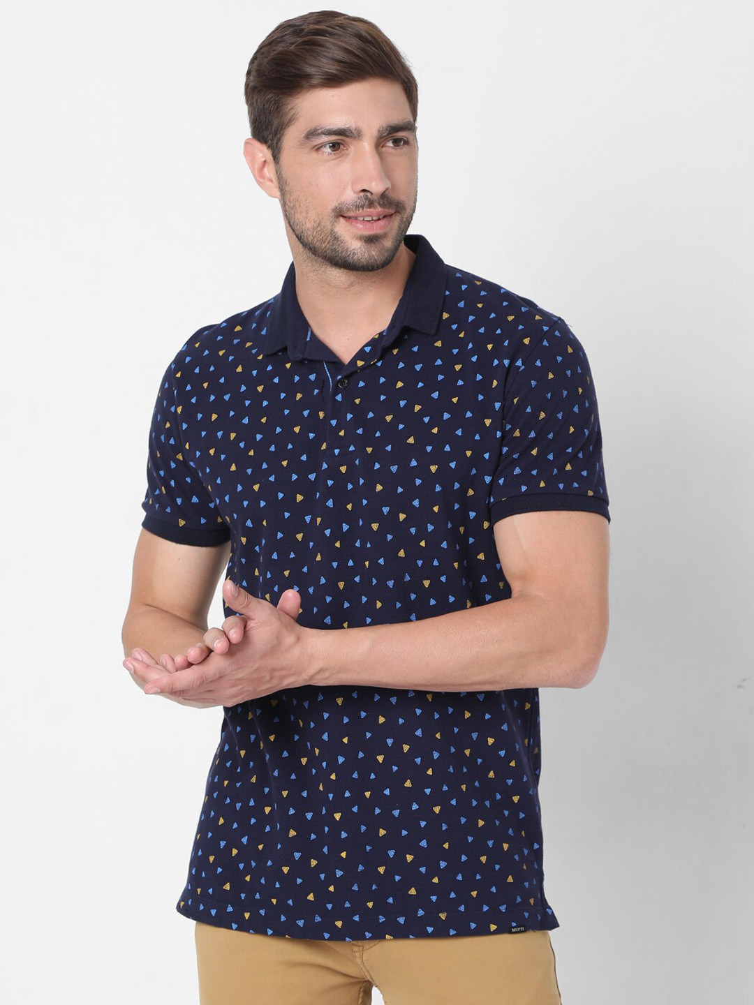 

Mufti Men Navy Blue Printed Polo Collar Slim Fit Cotton T-shirt
