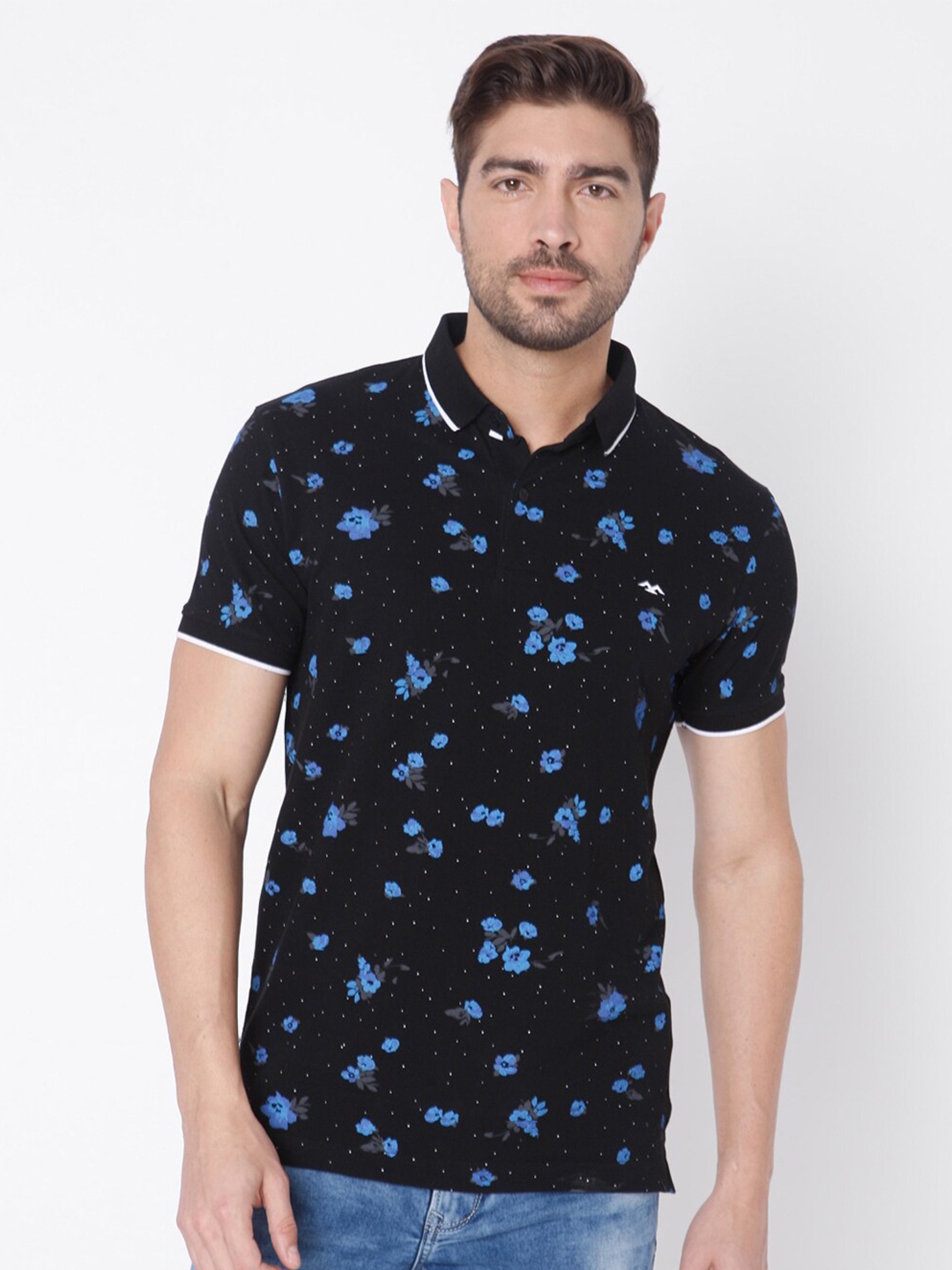 

Mufti Men Black & Blue Floral Printed Polo Collar Slim Fit Pure Cotton T-shirt