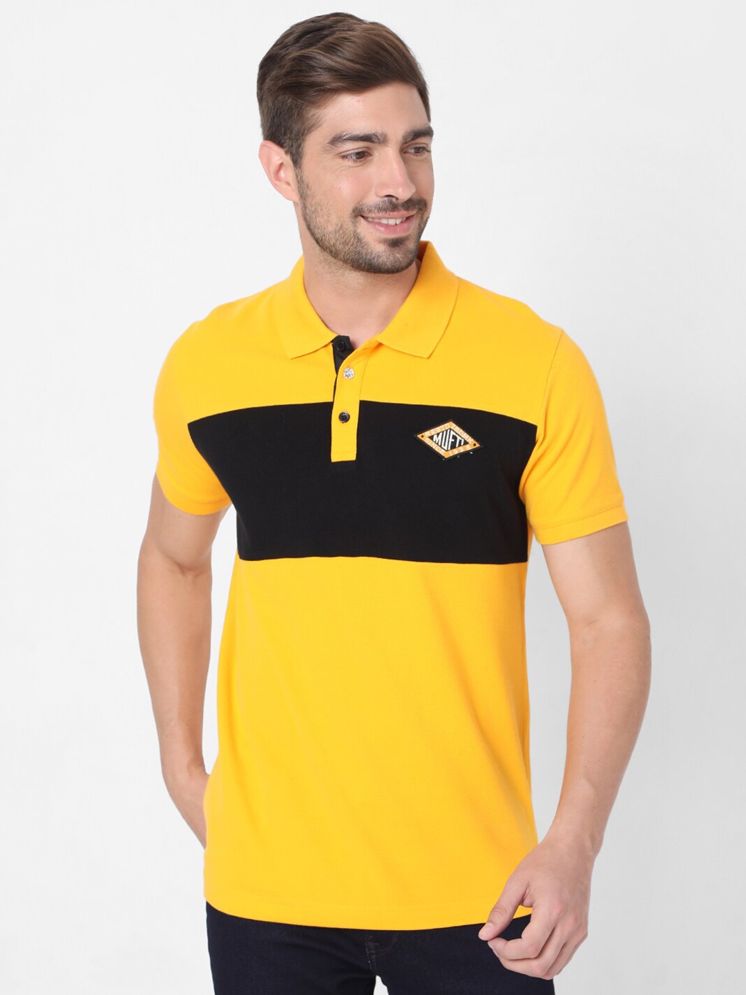 

Mufti Men Mustard Yellow Colourblocked Polo Collar Slim Fit T-shirt