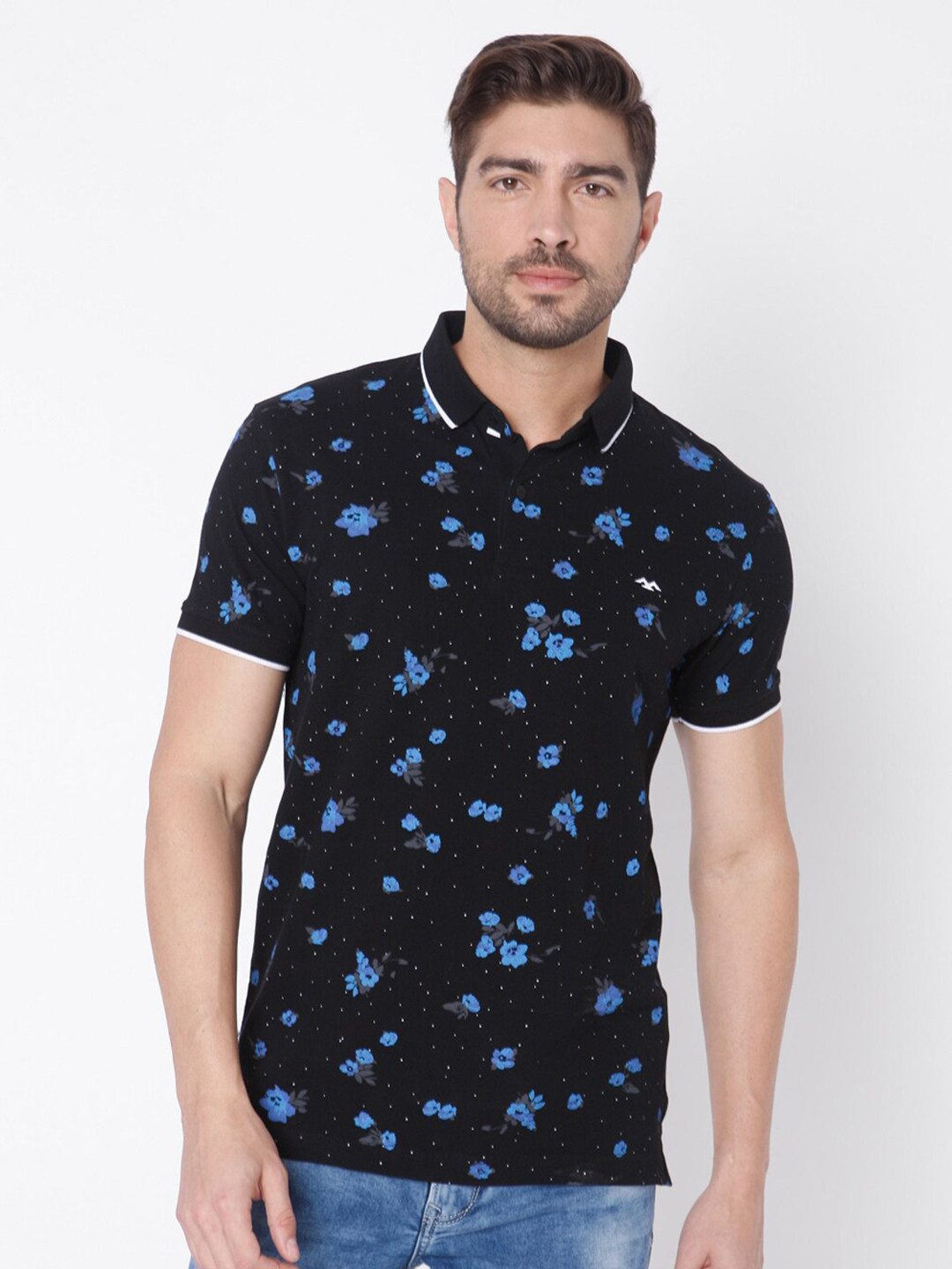 

Mufti Men Black Printed Polo Collar Slim Fit T-shirt