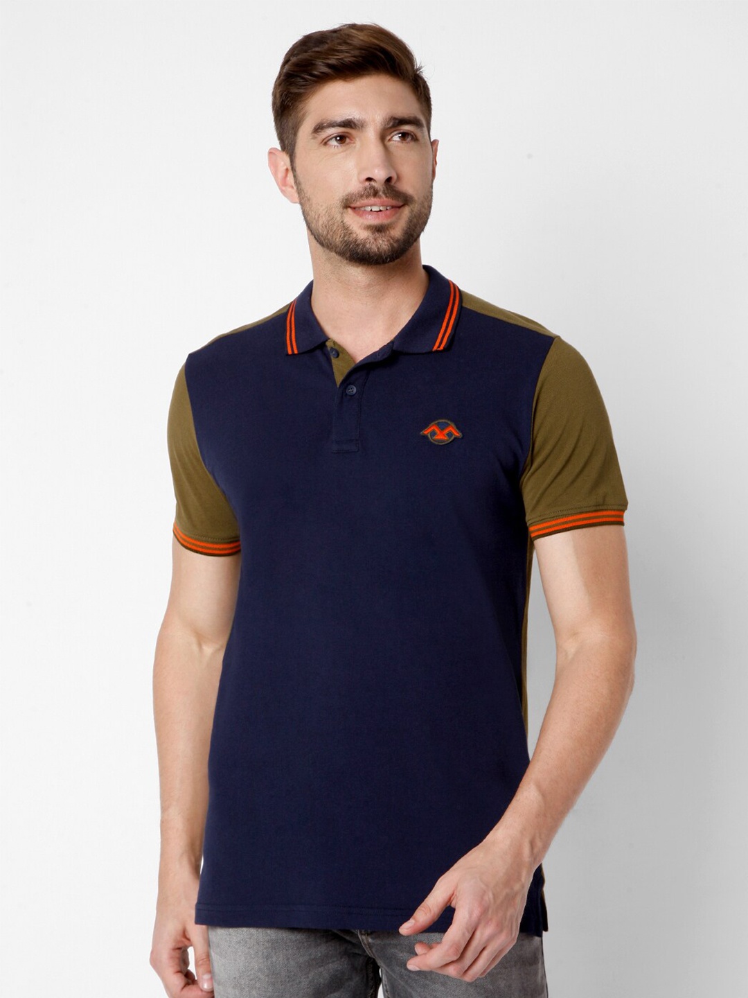 

Mufti Men Navy Blue & Khaki Polo Collar Slim Fit Pure Cotton T-shirt