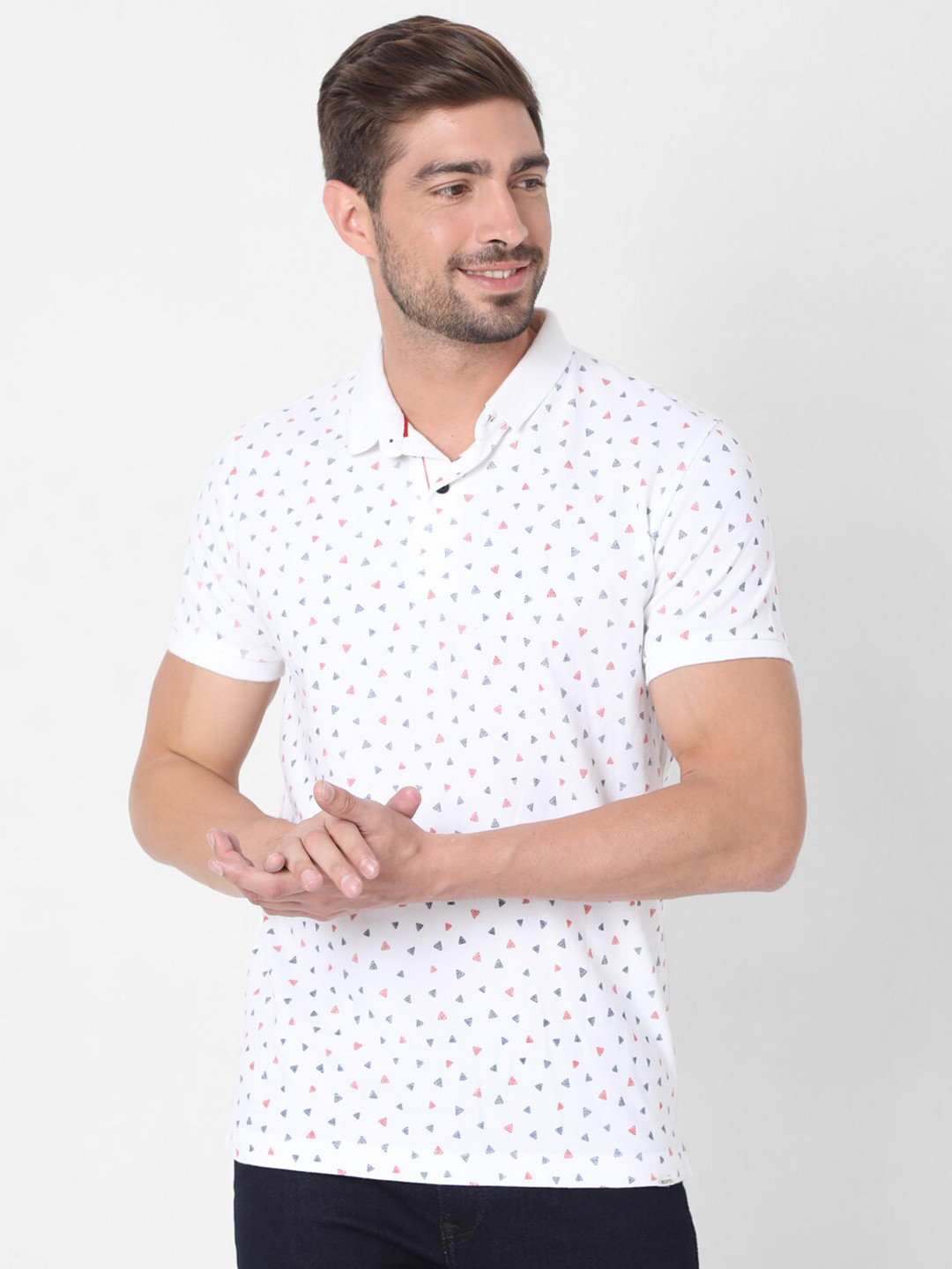 

Mufti Plus Size Men White Printed Polo Collar Slim Fit Cotton T-shirt