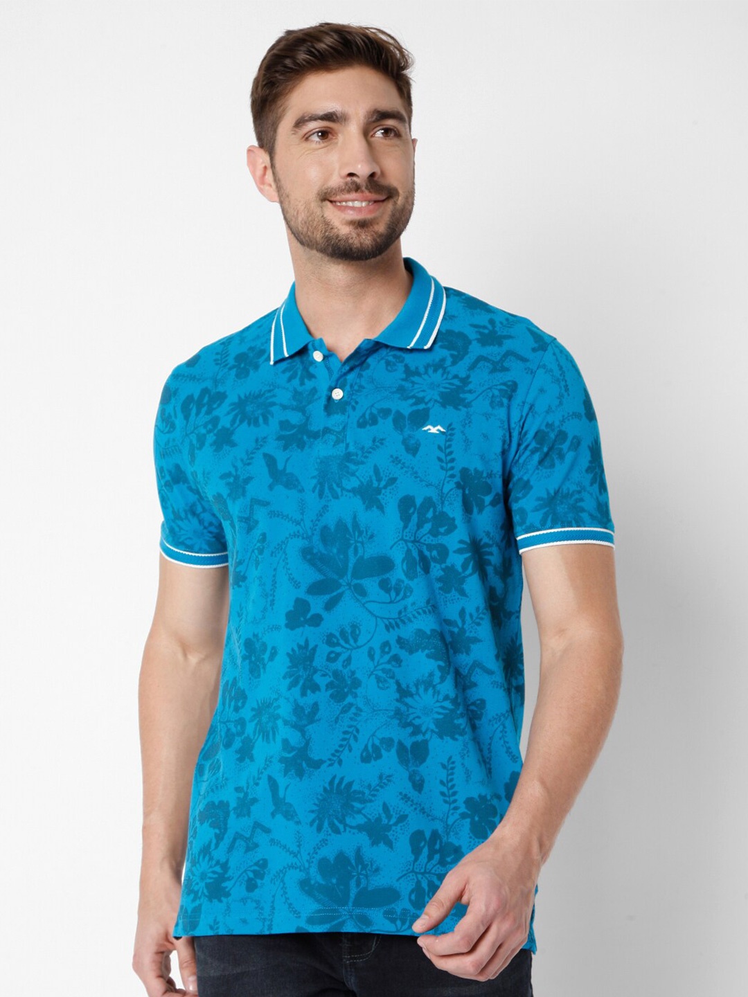 

Mufti Men Blue Floral Printed Polo Collar Slim Fit Pure Cotton T-shirt