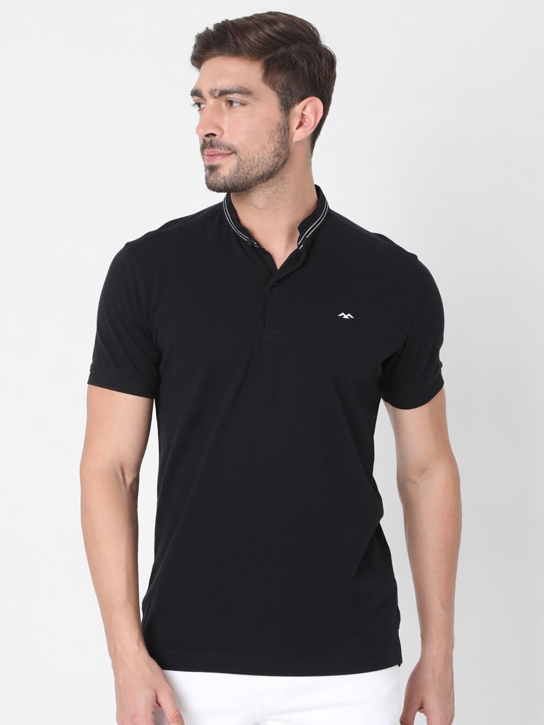 

Mufti Men Black Mandarin Collar Slim Fit Pure Cotton T-shirt