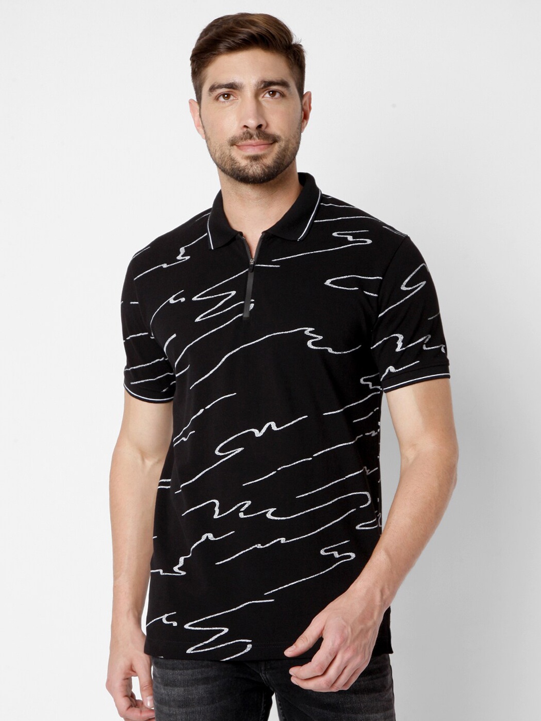 

Mufti Men Black Printed Polo Collar Slim Fit Cotton T-shirt