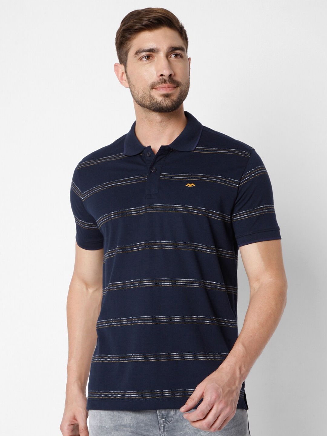 

Mufti Men Navy Blue Striped Polo Collar Slim Fit T-shirt